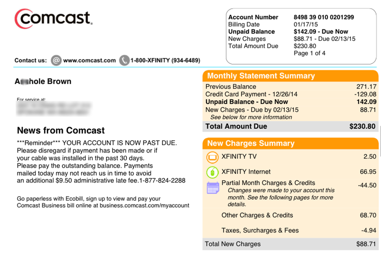 Comcast Customer Service Strikes Again, copy of a Comcast bill