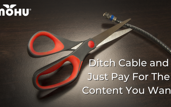 Pair of scissors cutting a coax cable, Ditch Cable and Just Pay For The Content You Want, Mohu logo