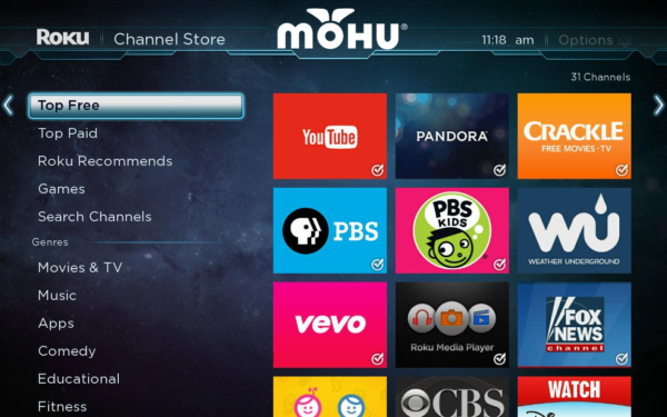 Roku channels screen with app and channel suggestions, Mohu