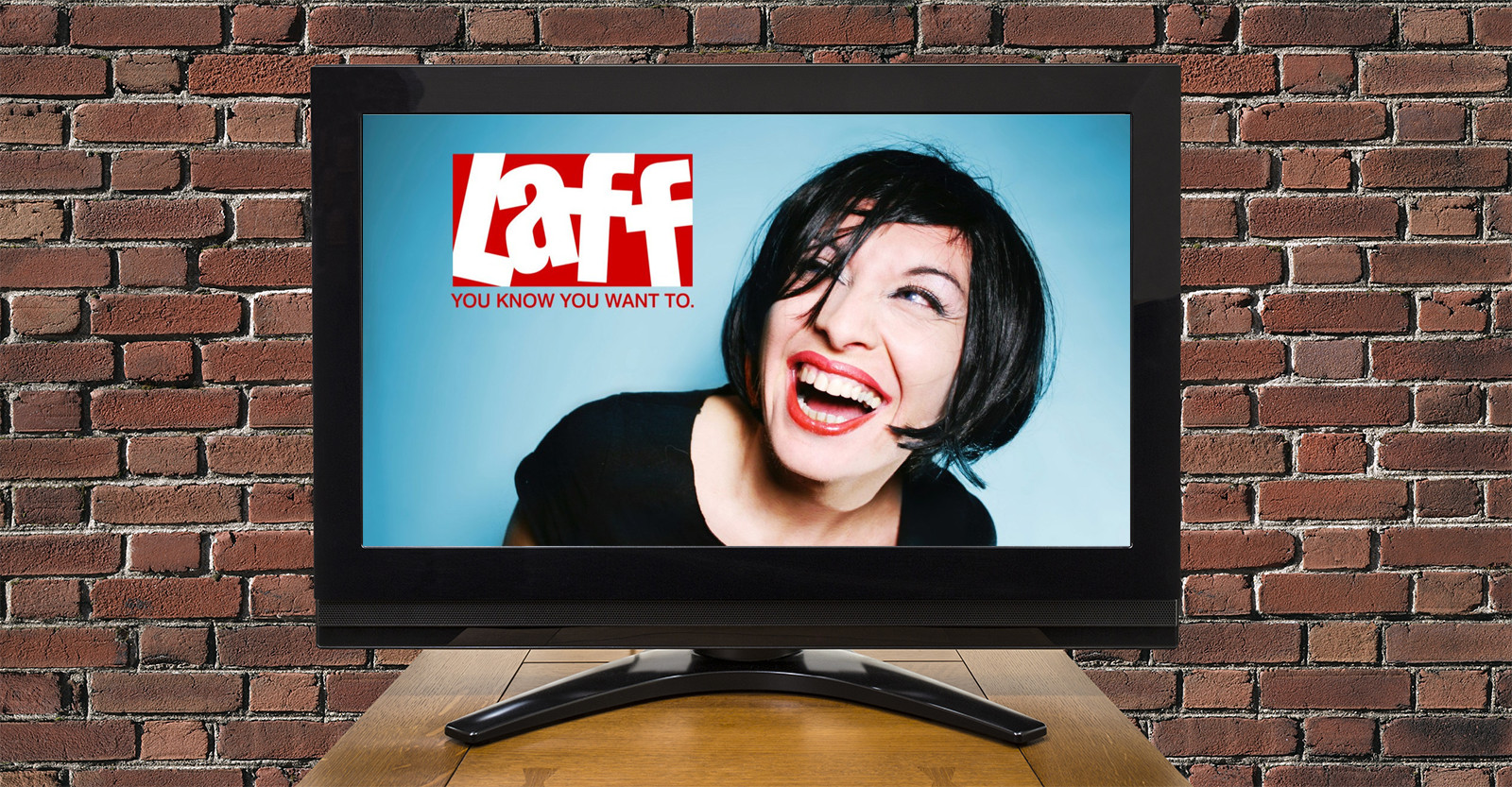 Laff TV promo image on a TV screen in front of a brick wall