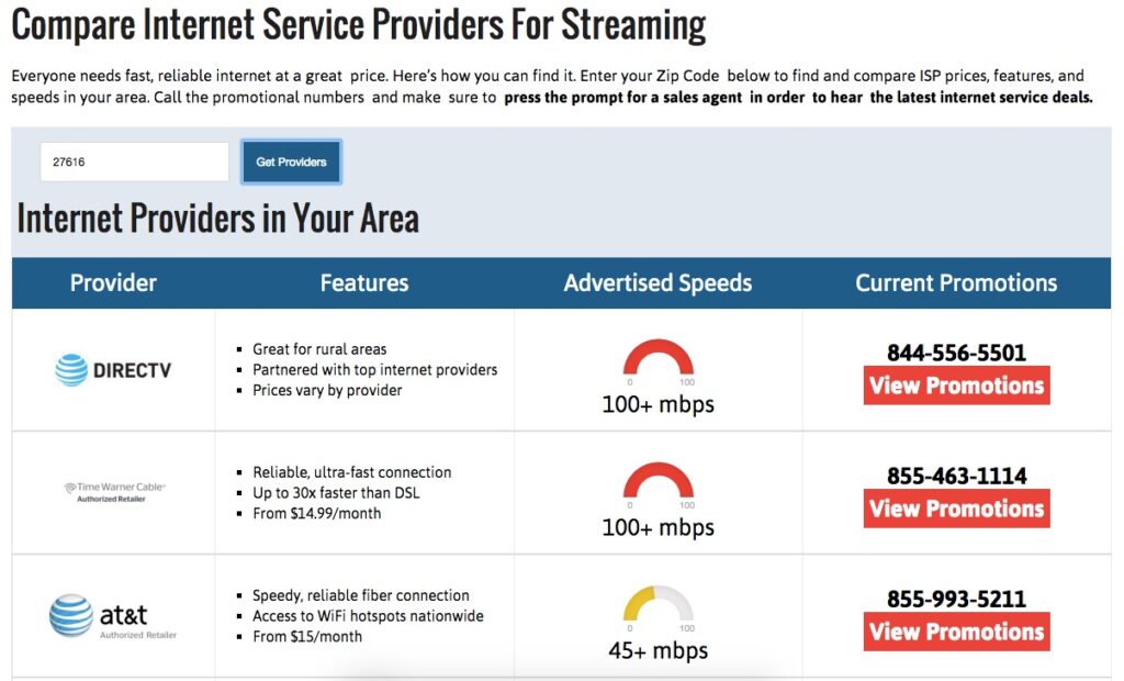 Compare Internet Service Providers for Streaming, shows prices for the area code 27616