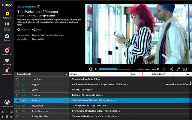 PlutoTV screen shot of channel guide and an image from The Evolution of Rihanna show