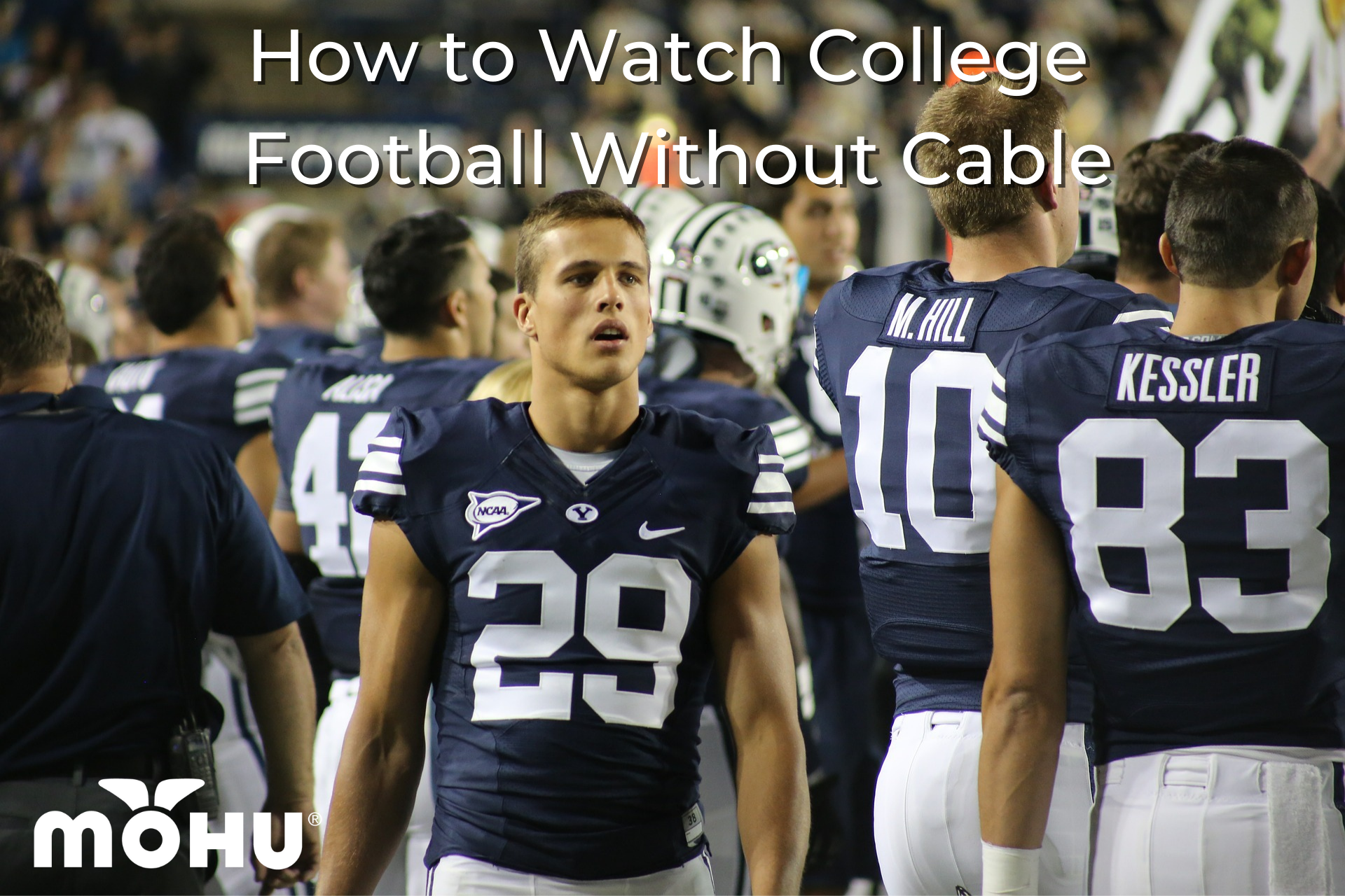 College football players standing on the field, How to Watch College Football Without Cable, mohu logo