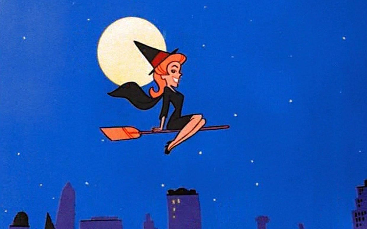 Bewitched image flying on broomstick across the moon