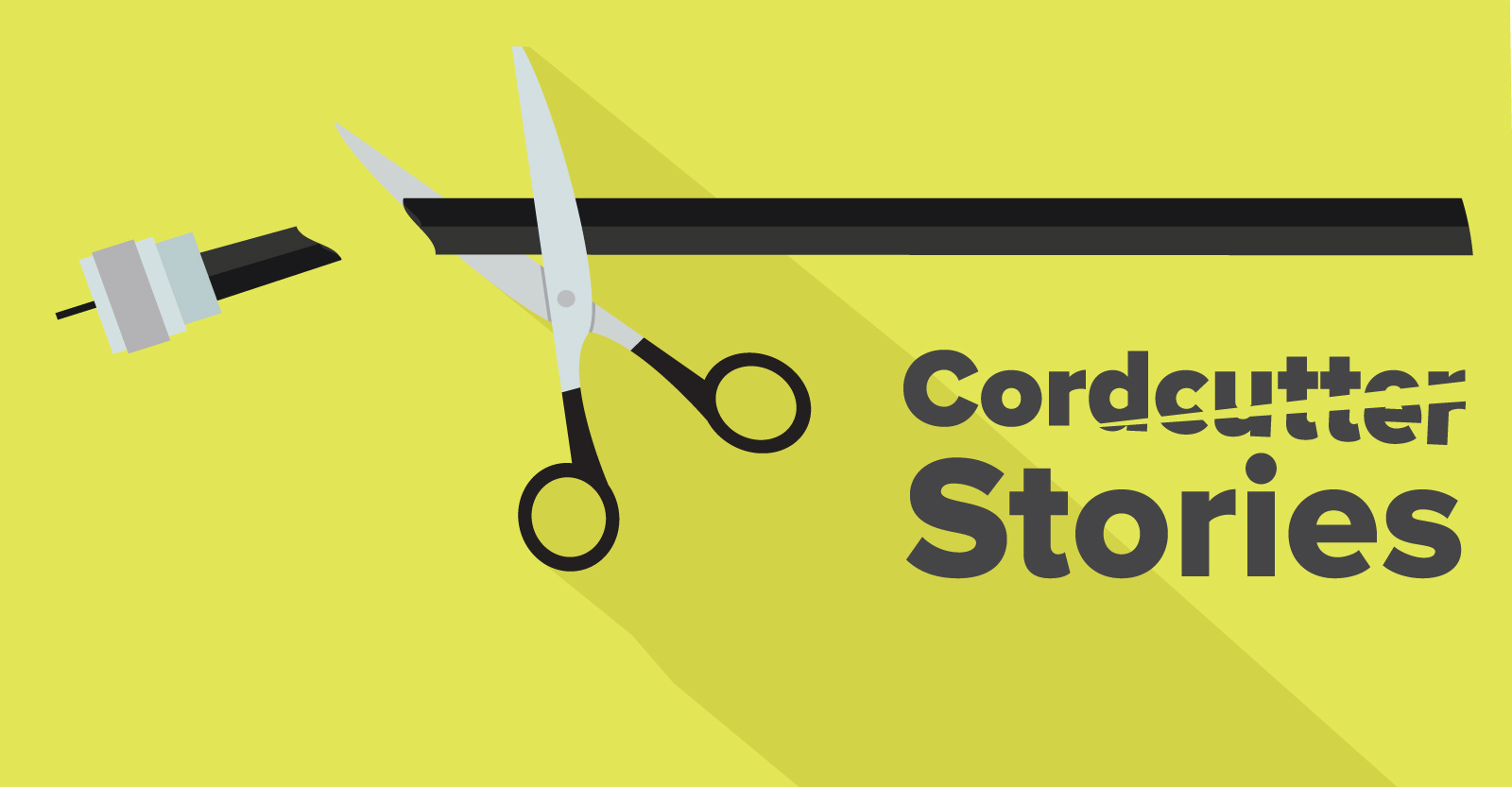 Cord Cutter Stories, cartoon image of scissors cutting a coax cable