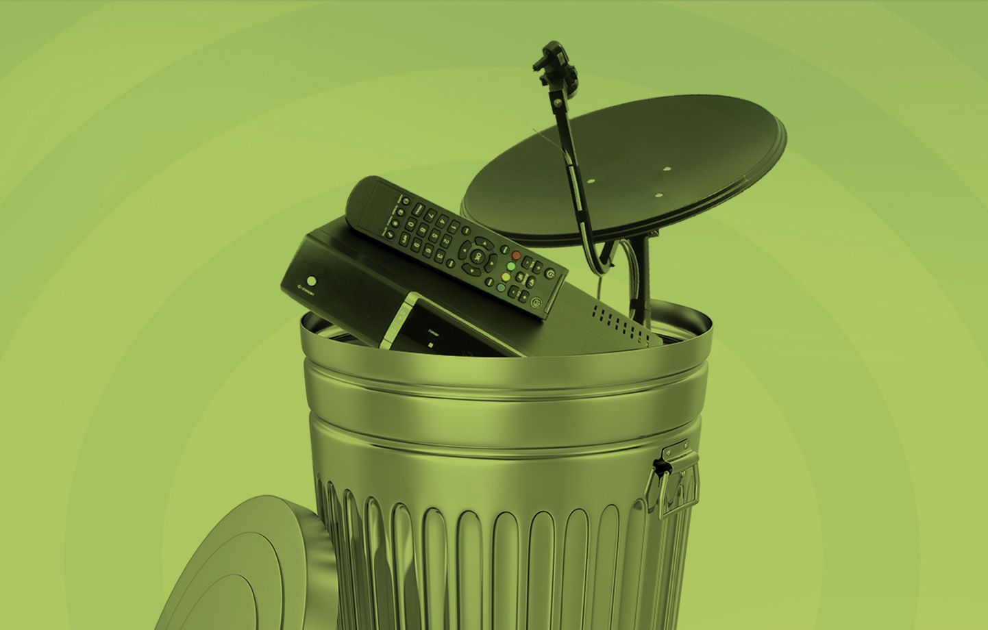 image result of a metal trash can with a satellite dish and cable box inside the trash can