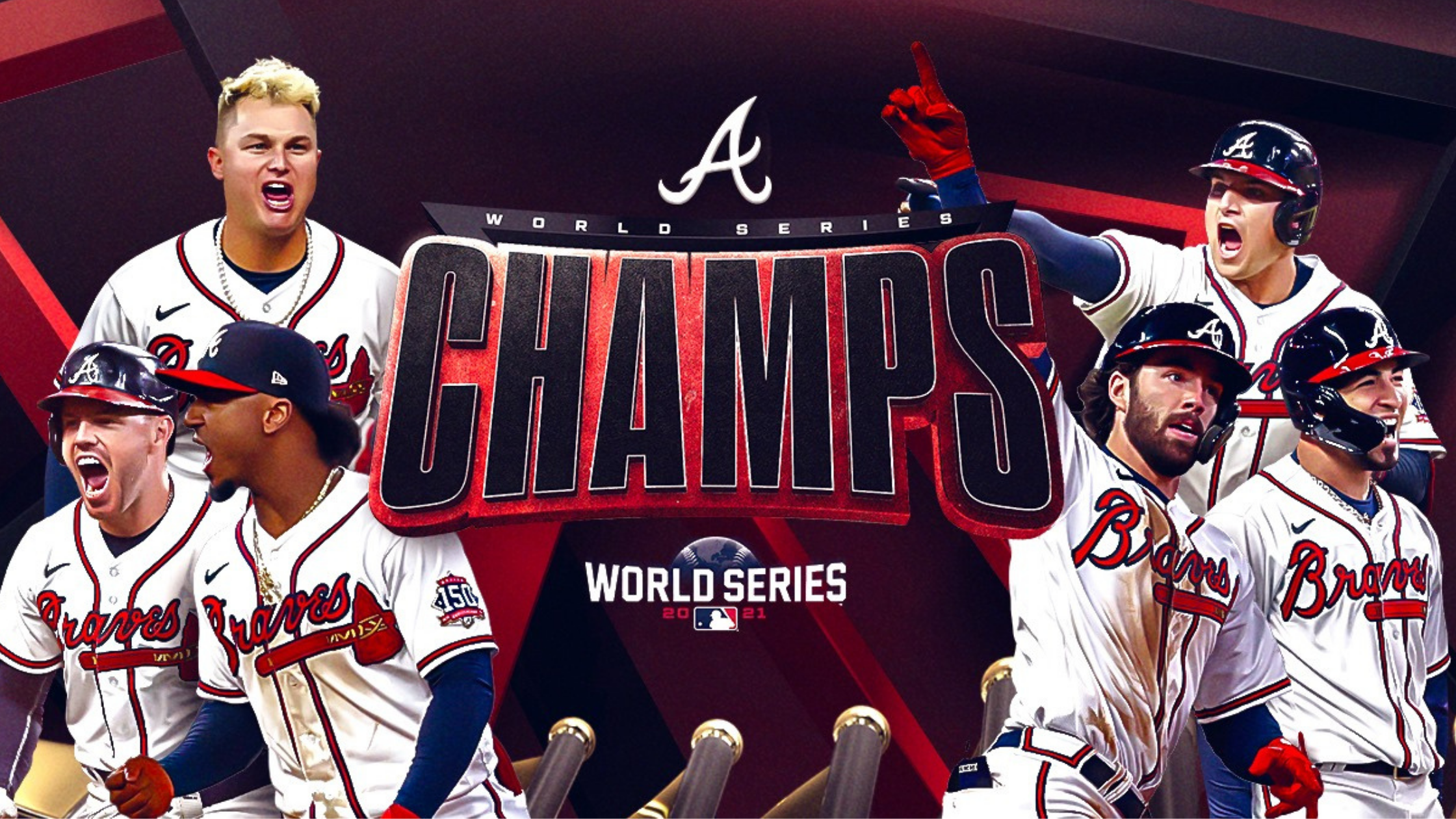 Atlanta Braves 2021 World Series Champions, MLB image showing the winning team celebrating, image courtesy of MLB