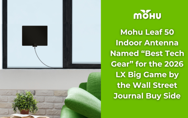 Pic of the Mohu Leaf 50 TV antenna in the window above the sofa and end table. Mohu Leaf 50 Indoor Antenna named best tech gear for the LX big game by the Wall Street Journal Buys Side