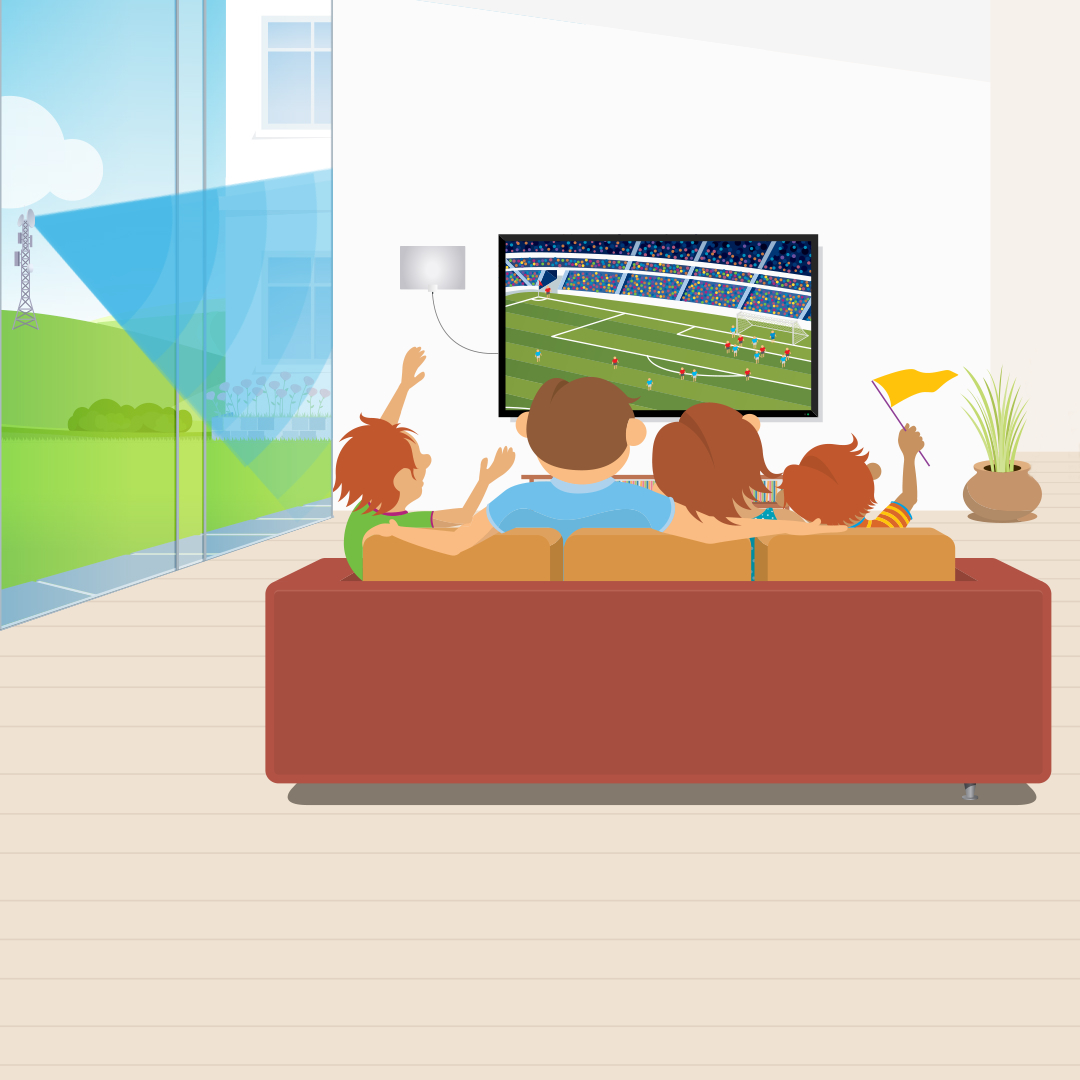 animated illustration of family sitting on couch watching TV using a Mohu antenna; outside the window an antenna transmitter is visible and beams radiate from it indicating the broadcast signal