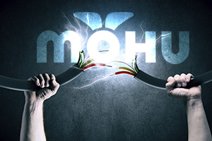 two hands holding severed cable cord with mohu logo behind